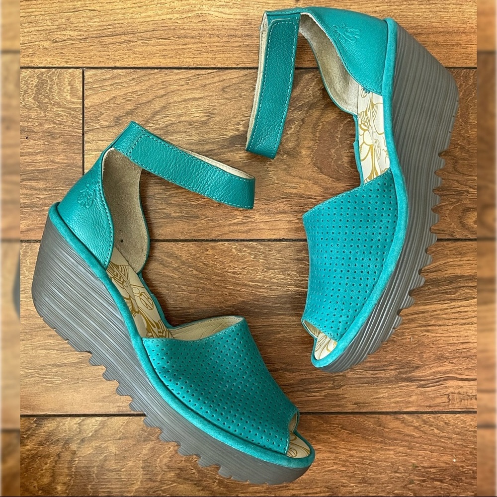 Fly London Teal Wedge Sandal with Velcro closure NEW
